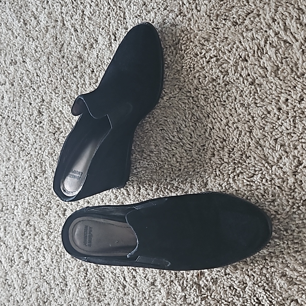Johnston & Murphy, black suede wedge mules, size 8